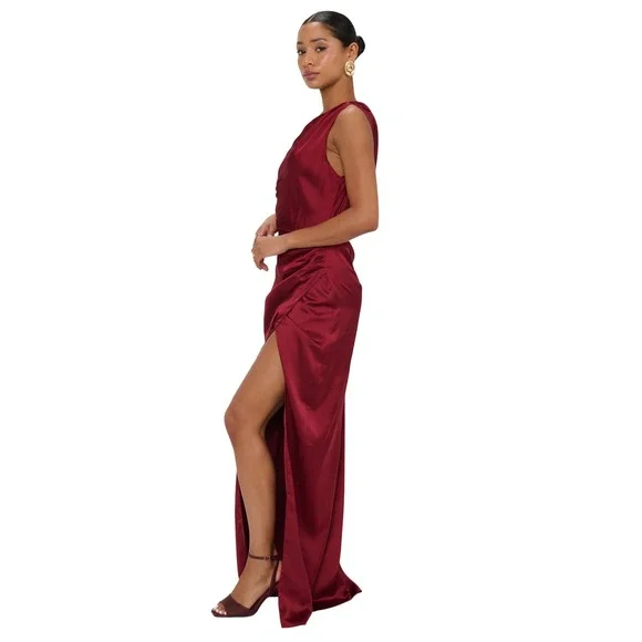 Show Me Your Mumu Jodie Satin Maxi Dress XS One Shoulder Burgundy Formal  Gown